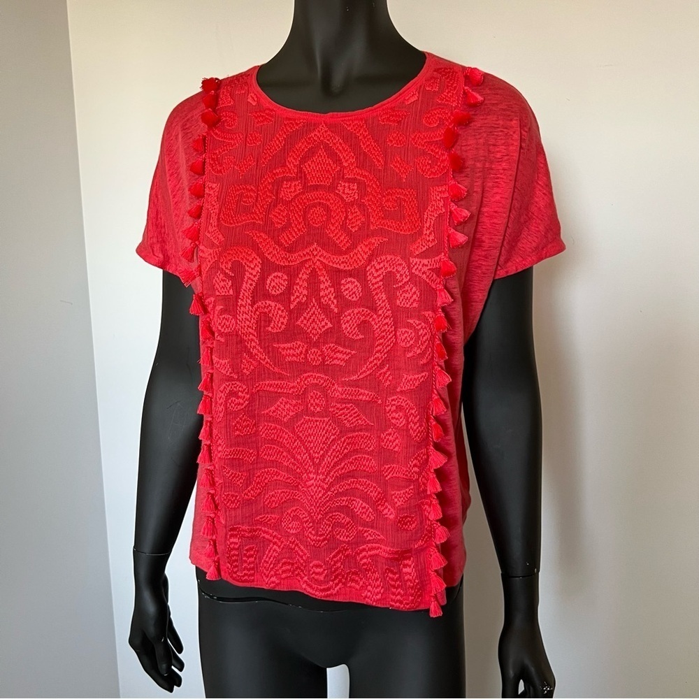 52. J.Crew 100% linen Red Embroidered Front Tee - Size S